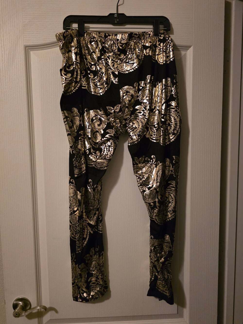 LBisse Leggings Size 3X Black Gold Lame Metallic Paisley Print Pants Slim Fit